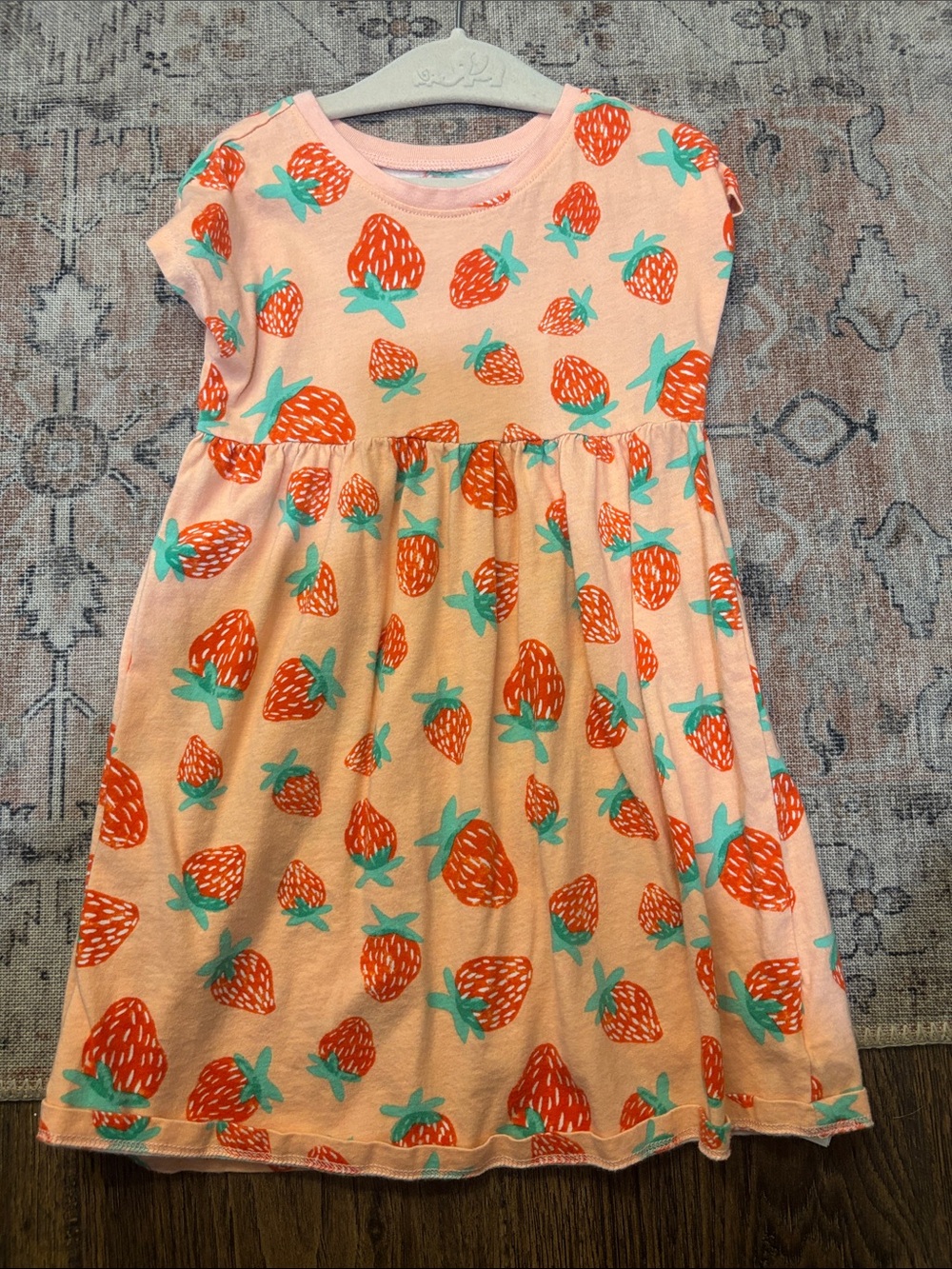 Girls Peach Strawberry Print Cotton Dress